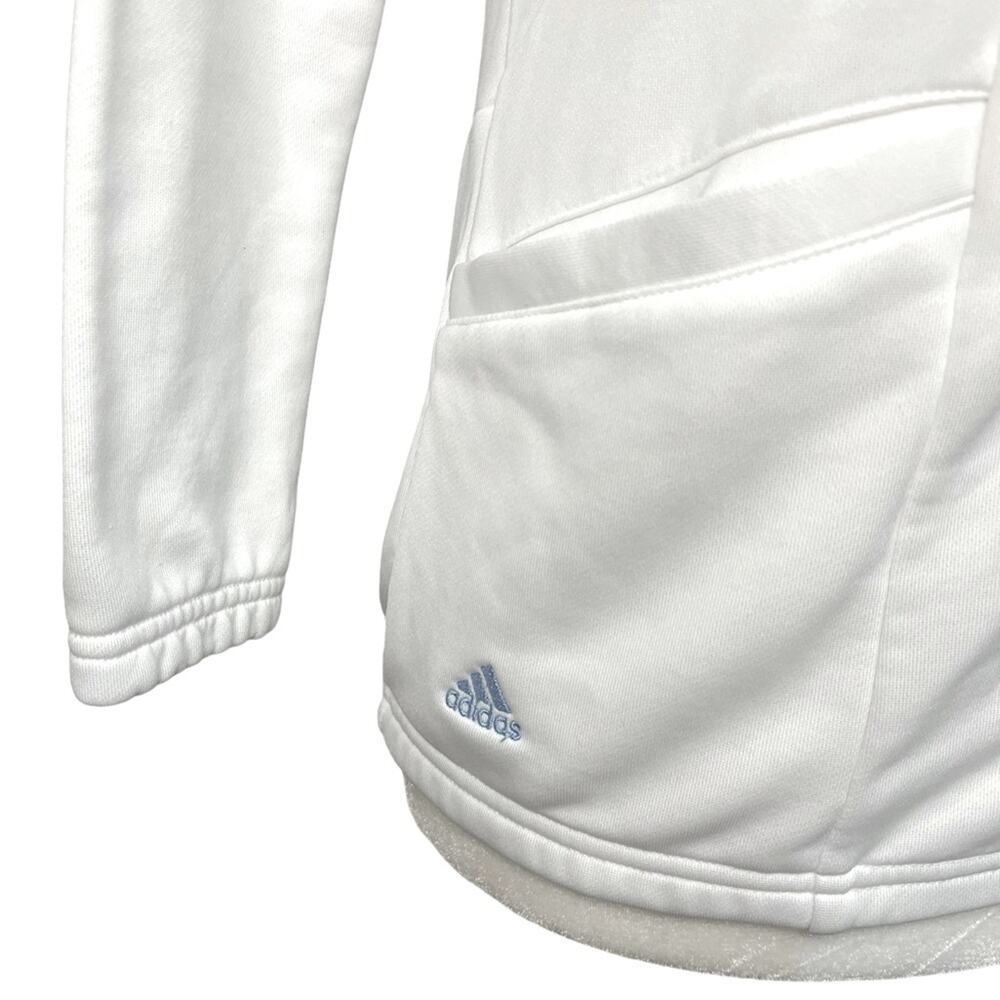 ADIDAS White/Blue Climalite Zip Front 3/4 Sleeve Hood Jacket Pockets Size Small - Picture 4 of 12